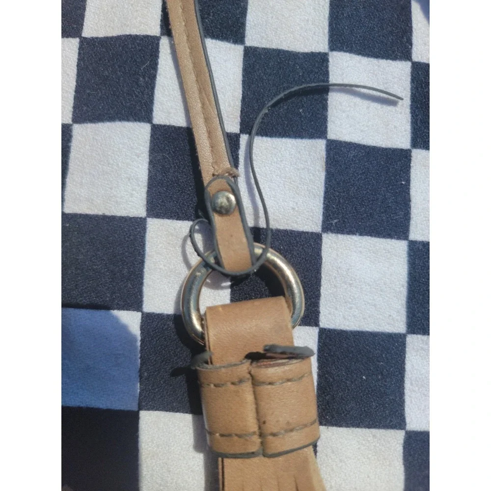 Tan Faux Leather Canvas‎ Hobo Shoulder Bag Tassel Zip Trim Distressed